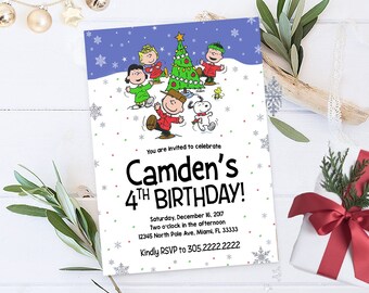 Charlie Brown Peanuts Christmas Invitation, Charlie Brown Christmas Birthday Invitation Printable, Kids Snoopy Charlie Brown Winter Birthday