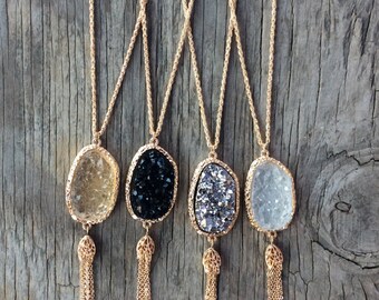 Druzy Long Necklace, layered Necklace, Long Necklace Pendant, Long Statement Necklace, Long Stone Necklace
