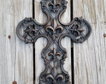 Wall Cross, Fleur De Lis, ornate cross, Cast Iron cross, cross wall decor, decorative cross, anniversary, religious decor, unique wall cross