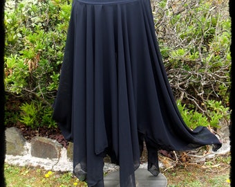Black Chiffon Double Full Length Pixie Skirt with Mini Skirt, Size Medium - Ready to Ship - Gothic Festival Sheer Handkerchief Maxi