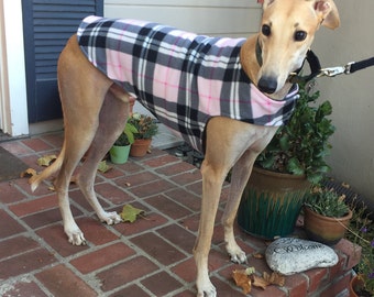 Greyhound Dog Coat, XL Dog Jacket, Pink, Black, and Gray Plaid Fleece with Charcoal Gray Fleece Lining