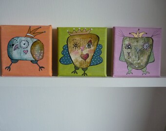 Three beautiful, funny owl paintings on canvas (10 x 10 cm)