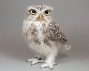Little Owl realistic fibre art crochet bird sculpture