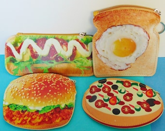 Super Cute Food Shaped Coin Purses...Hot Dog, Chicken Burger, Pizza, Sunnyside Up Egg with toast