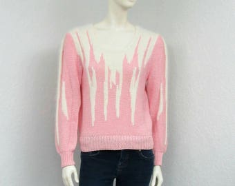 Vintage 80s Light Pink Sweater, White Angora Print, Oversized Sweater, Puff Sleeve Sweater, Knit Sweater, Fuzzy Sweater, Winter Sweater