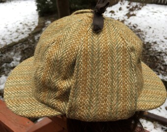 Vintage Sherlock Holmes Tweed Hat Double Brimmed with EarFlaps Retro Elmer Fudd Deerstalker Wool Cap