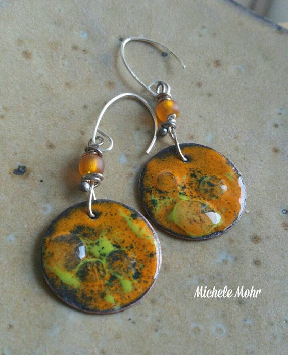Burnt Sunset Vitreous enamel copper and sterling silver earrings