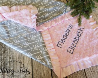 Baby Girl blanket, Personalized minky baby blanket, Pink and Gray Baby Blanket, Arrow Baby Blanket