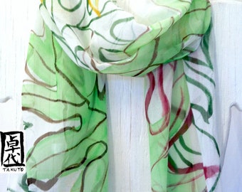Silk Scarf Hand Painted, Green Hawaiian Fern Scarf. Silk Scarves Takuyo, Silk Chiffon Scarf, Approx 10x59 inches. Made to order.