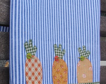 Garden Kitchen Towel - Carrot Tops Applique - Kitchen Decor Accessory - Gardeners Gift - Blue White Stripe - Farm Style Decor - Tea Towel