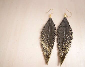 Olive Brown and Gold Hand-painted Reclaimed Leather Feather Earrings