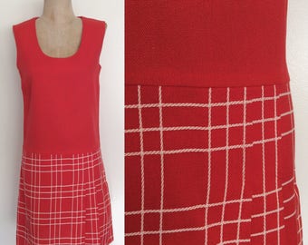 1970's Coral Red Linen Plaid Shift Dress Size Small by Maeberry Vintage
