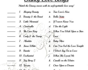 Match the Disney Love Songs Bridal Shower Game