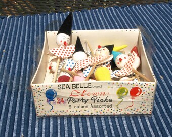 Vintage Sea Belle Brand Spun Cotton Clown Party Picks – Birthday Party Favors - Lot of 15