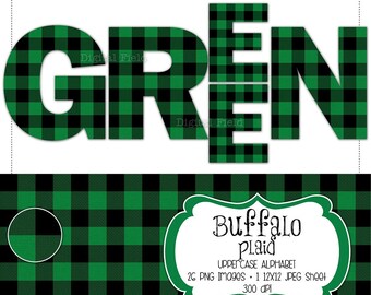 Buffalo plaid flannel uppercase alphabet clip art set - green & black check printable digital letters - instant download