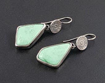 Variscite Earrings, sterling silver, green variscite, dangle earrings, stamped, boho, michele grady jewelry, green stone earrings, green