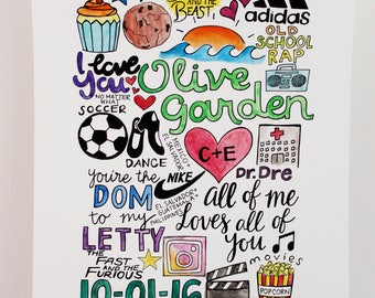 Personalized Wall Art / Me and My Boyfriend / Important things / Memories / Watercolor / Ink / Custom Art