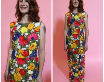 1950s Floor Length Floral Cotton Dress