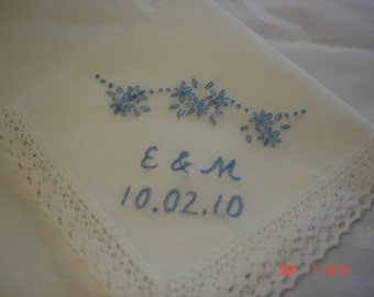 Something blue wedding handkerchief/flowers overhead/bride and groom initials/hand embroidered/