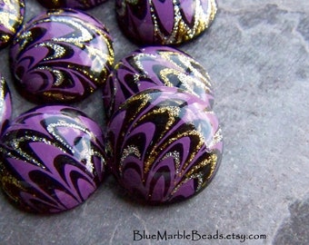 Round Cabochon, Lucite Cabochon, Vintage Cabochon, Decal Cabochon, Boho Chic, Boho Bead, Purple, Feather, West German, 18mm, 8 Cabochons
