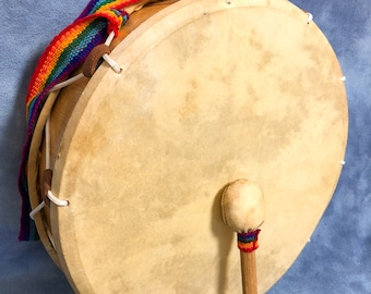 Vintage Large Wooden 16" Animal Hide Skin Drum with Mallet, Rainbow Strap Percussion Play Drum