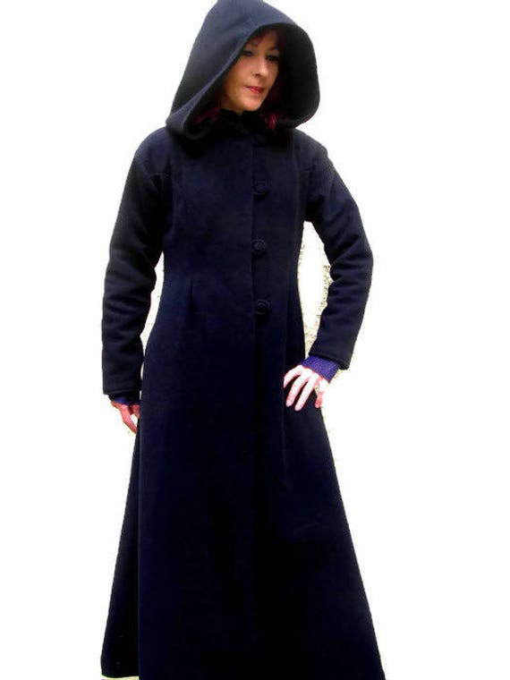 Manteau long pure laine noir doublé avec grande capuche
