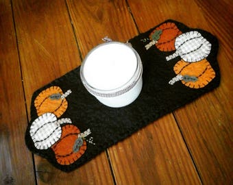 Fall pumpkin small runner penny rug candle mat hand made