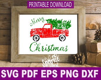 Red truck with Christmas tree, Svg, Printable, svg Christmas stencil, Red truck with Christmas tree svg, svg file for cricut for silhouette