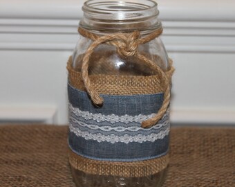 Denim and Lace Burlap Mason Jar