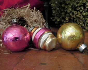 Three Vintage gold Pink Glass Ornaments / Shiny Brite Christmas Ornament / Mercury Glass Ornaments