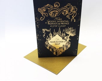 Harry Potter inspired Marauder's Map greeting card, printed in gold metallic foil. Size A6.