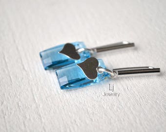 Swarovski® Crystal Earrings Aquamarine Rectangle Chessboard Drops Heart Silver Letemendia Jewelry