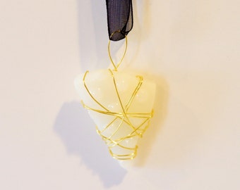 Hobnail Broken Plate Pendant, Wire Wrapped Milk Glass