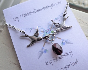 Silver Bird Necklace ~ Genuine Garnet ~ Antiqued Sterling Silver Plated ~ Bird Swallow - January Birthstone ~ by WakesTheDawn