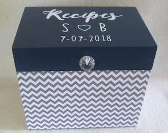 Recipe Box - Wood Recipe Box - Wooden Recipe Box - Storage Box - Kitchen Storage - 4X6 or 5X7 Navy , Gray - Chevron - Personalized - Gift