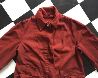 RESERVED | ON LAYAWAY Vintage 1930s Maroon Denim Workwear Jacket - Well-Worn Denim Duster - 30s Duster Jacket - 1930s Smock Jacket