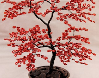 Red Beaded Bonsai Wire Tree Sculpture