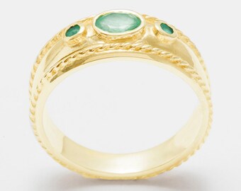 9k Yellow Gold Natural Emerald womens Trilogy Band Ring - Customizable 9K,10K,14K,18K, Yellow, Rose or White Gold or Platinum