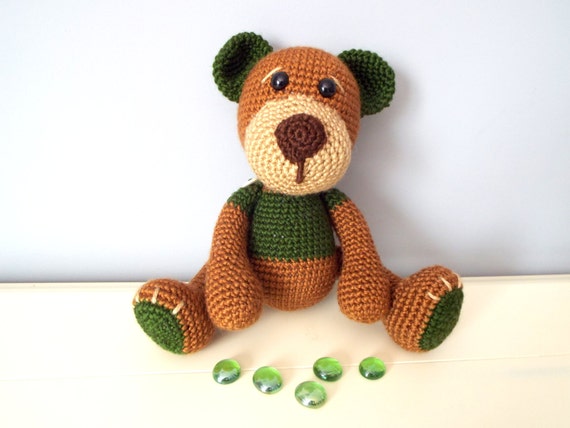 Crochet Teddy Bear Doll Green brown classic bear Amugurumi Gift ideas Stuffed animal Home decor Baby shower Kids Boys Girls Nursery decor