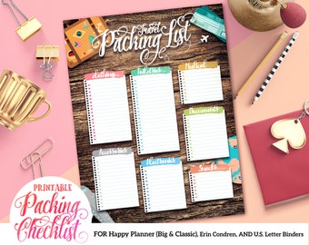 Printable Travel Packing Checklist | For Happy Planner | Erin Condren | U.S. Letter Binders | Instant Download
