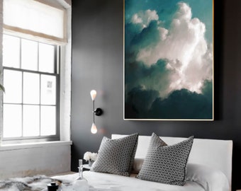 Extra Large Wall Art, Cloud Painting, Abstract Art, Large Abstract Painting, Aqua Green Grey White Cloudscape Art by CORINNE MELANIE ART