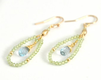 Sky Blue Topaz & Peridot Earrings, Light green stone Earrings, blue stone Earrings, Gold hoop Earrings