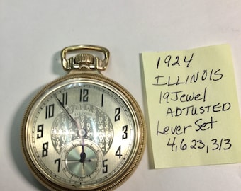 1924 Illinois 19J Adjusted 18S 51mm Pocket Watch in 10k Gold Filled Train Case Lever Set Running
