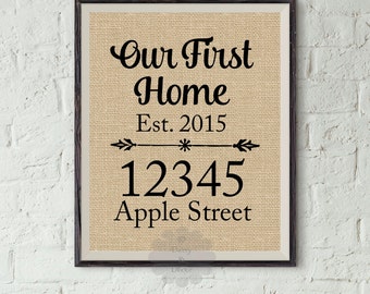 Our First Home Burlap Art Print Quote Personalized Address Housewarming Gift Wedding Our First Home Burlap Art Print Quote Personalized Address Housewarming Gift Wedding