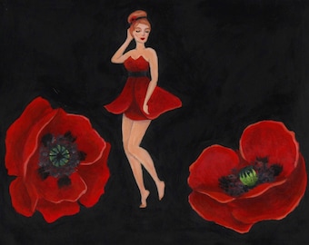 Red Poppy Pin-up Flower Girl, Original Acrylic Nature Art Painting, One of a Kind, 10"x8"
