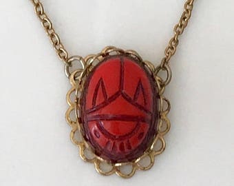 Scarab necklace gold plated carved gemstone 1950's - 1960's mid century jewelry