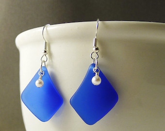 Cobalt blue earrings with white pearls blue sea glass earrings blue seaglass jewelry seaglass earrings sea glass jewelry handmade earrings