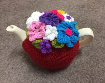 Crochet Tea cosy for a medium or large teapot (4 to 6) cups cozy teapot cover, red with flowers