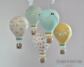 Mint Yellow Beige Orange White Hot Air Balloon Mobile Travel Theme Nursery Decor Custom Mobile World Map