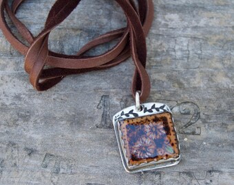 Burnt Wood Under Resin . Flowers Sterling Silver. Necklace . Leather . Hand Stamped